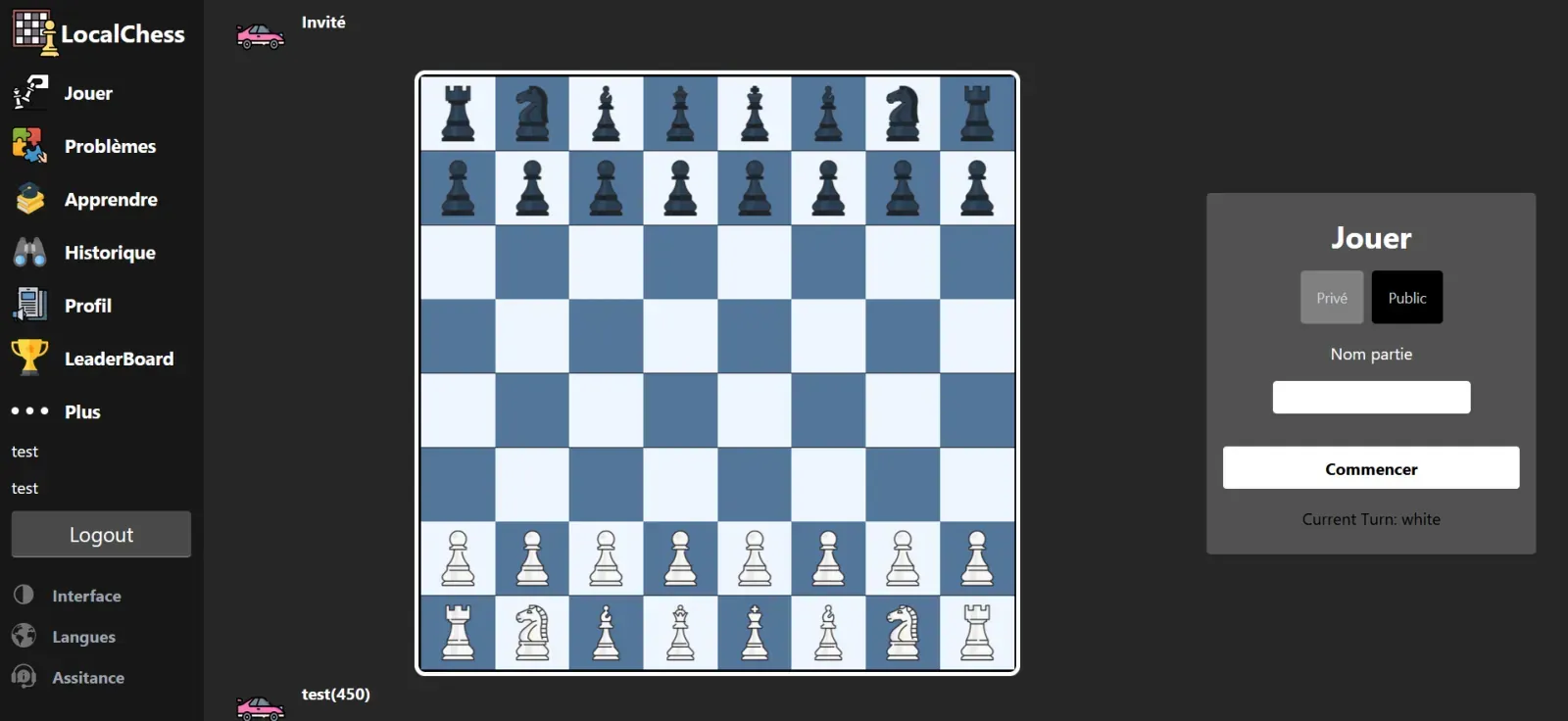 Partie en cours sur chessJS