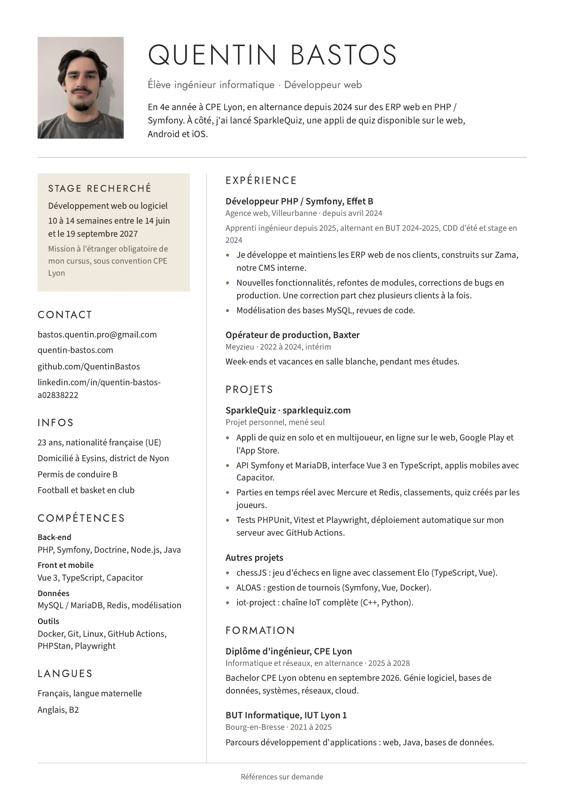 CV de Quentin Bastos, une page